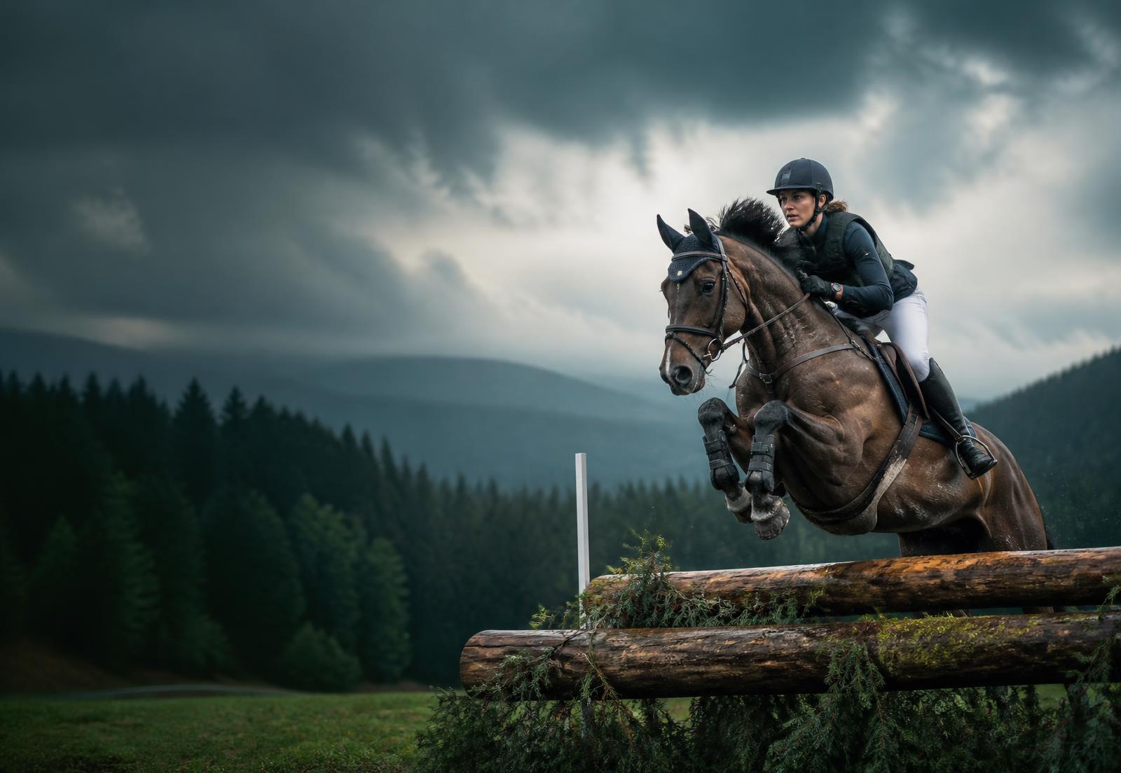 Eventing rider and horse clearing a cross-country fence
